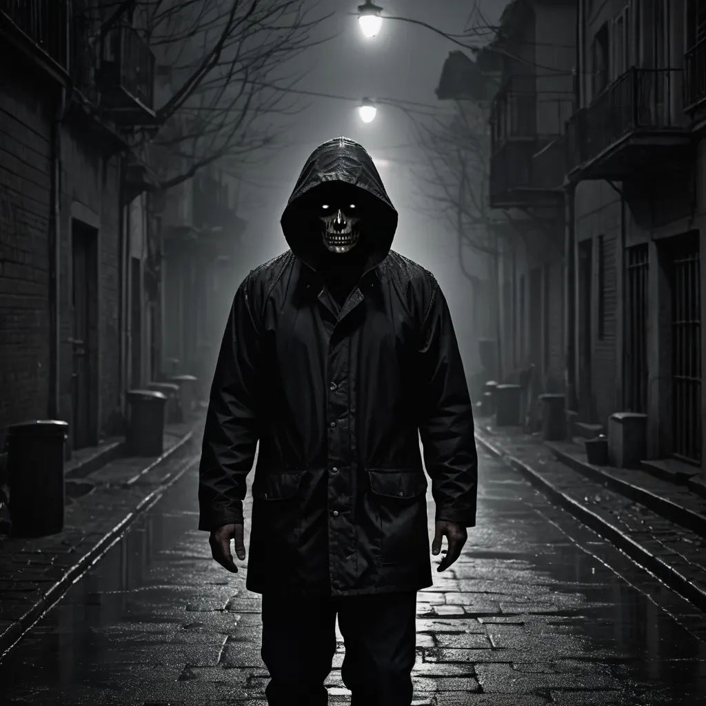 a man in a hooded jacket walking down a dark alley way with a light on above his head and a black mask on his face, serial art, poster art, Dirk Crabeth, promotional image