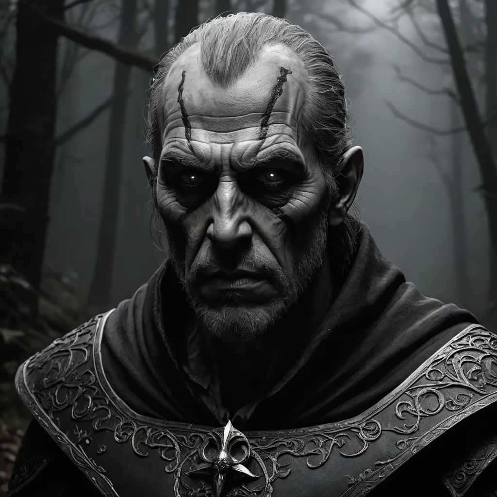 a man in a black and white photo with a creepy look on his face and a sword in his hand, gothic art, a character portrait, Eddie Mendoza, epic fantasy character art