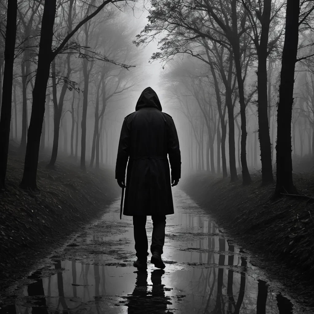 a man in a trench coat walking down a path in the woods on a rainy day with a umbrella, art photography, poster art, Dirk Crabeth, dark art