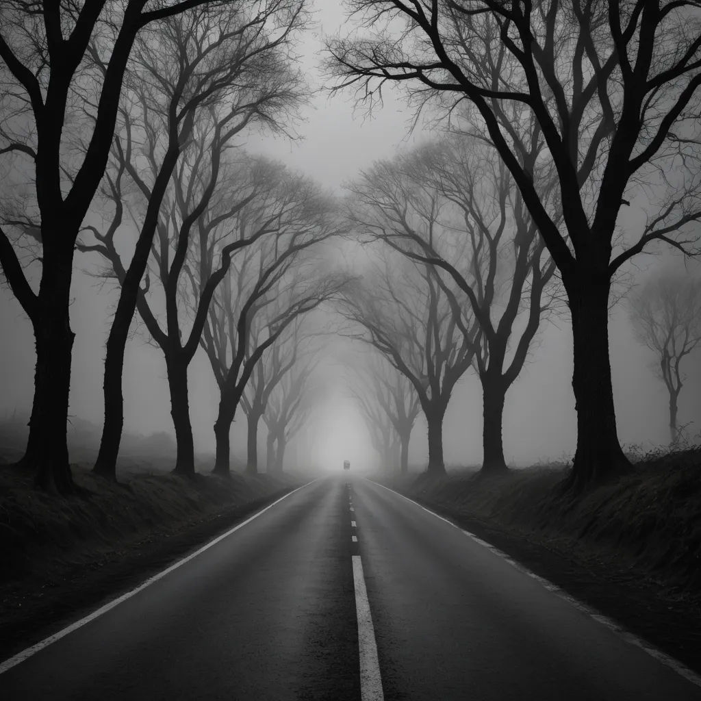 a road with trees and fog on the sides of it and a person walking down the middle of the road, tonalism, a black and white photo, Dirk Crabeth, gloomy atmosphere
