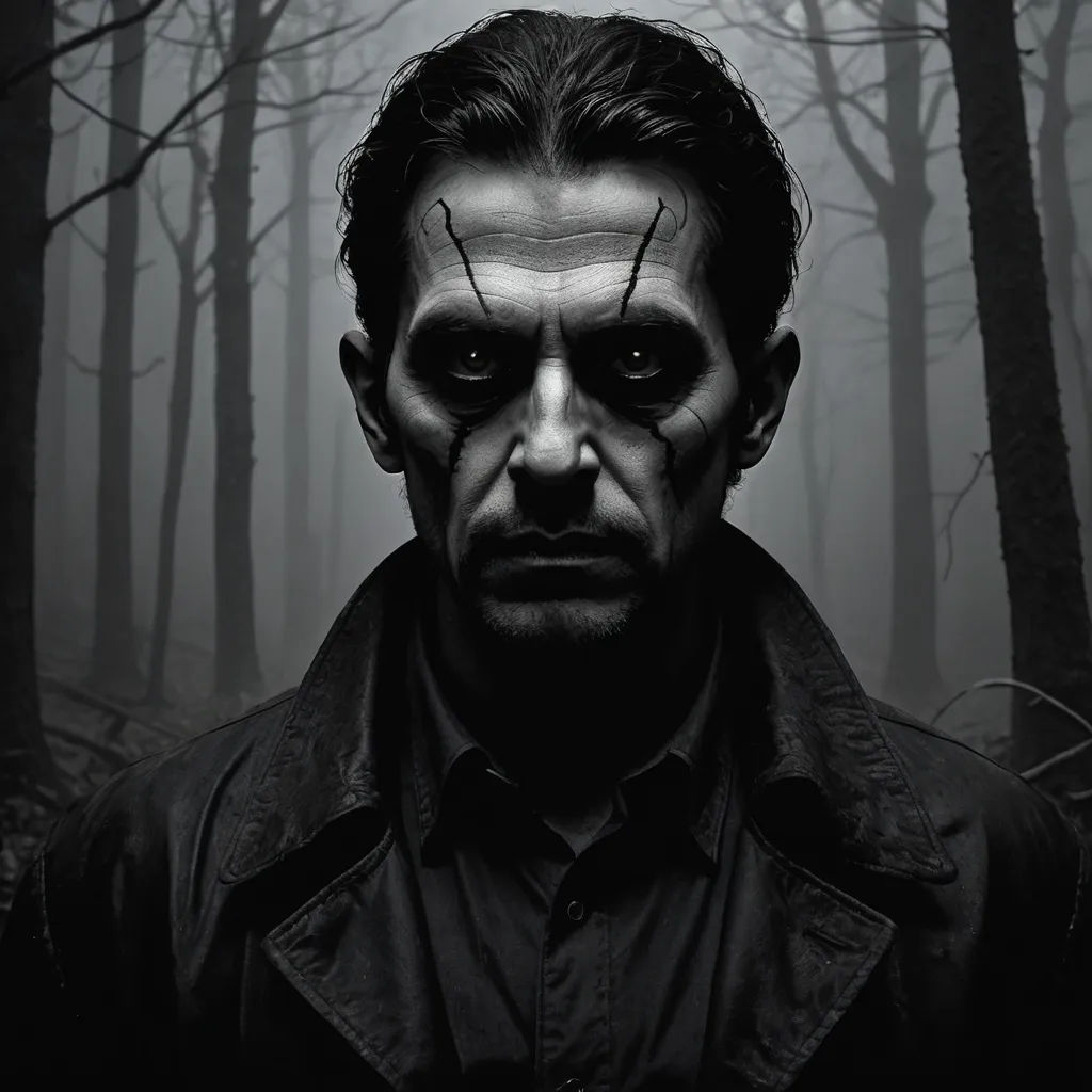a man with a creepy face in a forest with trees and fog in the background, with a creepy look on his face, purism, a character portrait, Eddie Mendoza, sinister