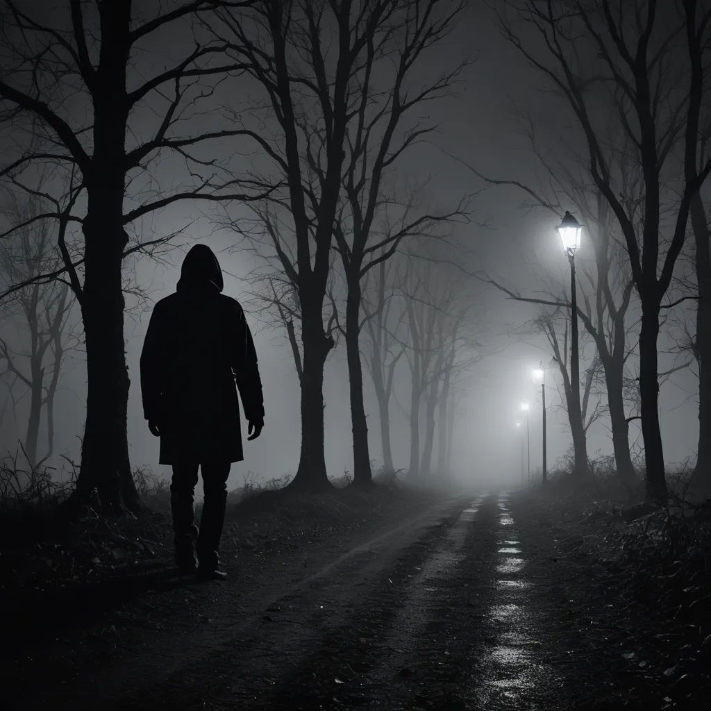 a person walking down a road at night with a light on the side of the road and trees on both sides, gothic art, a black and white photo, Dirk Crabeth, noir