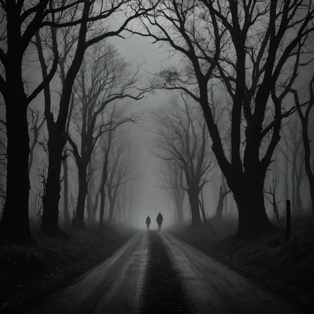 two people walking down a dark road in the woods with trees on either side of them and a foggy sky, gothic art, a matte painting, Dirk Crabeth, dark atmosphere