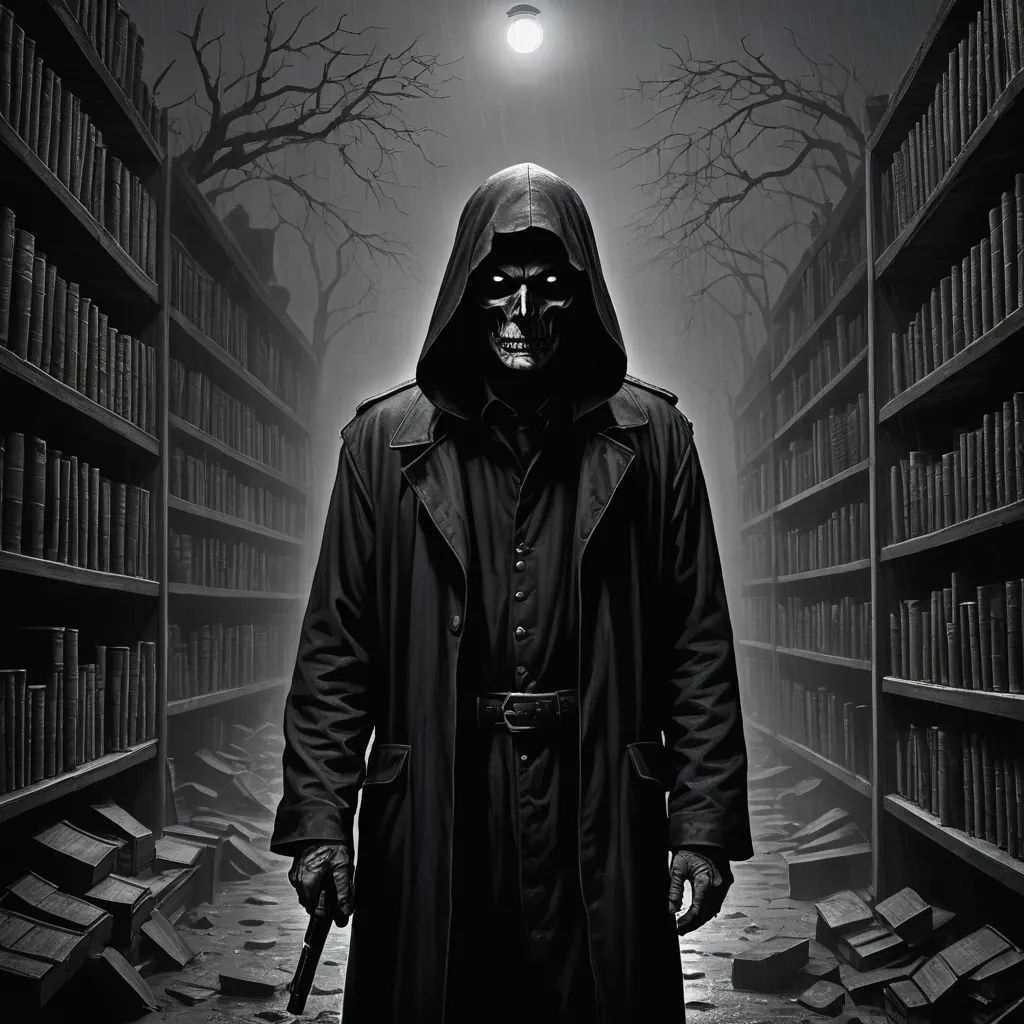 a man in a hooded jacket and mask standing in a library with a knife in his hand and a full head of books behind him, gothic art, a character portrait, Dirk Crabeth, noir