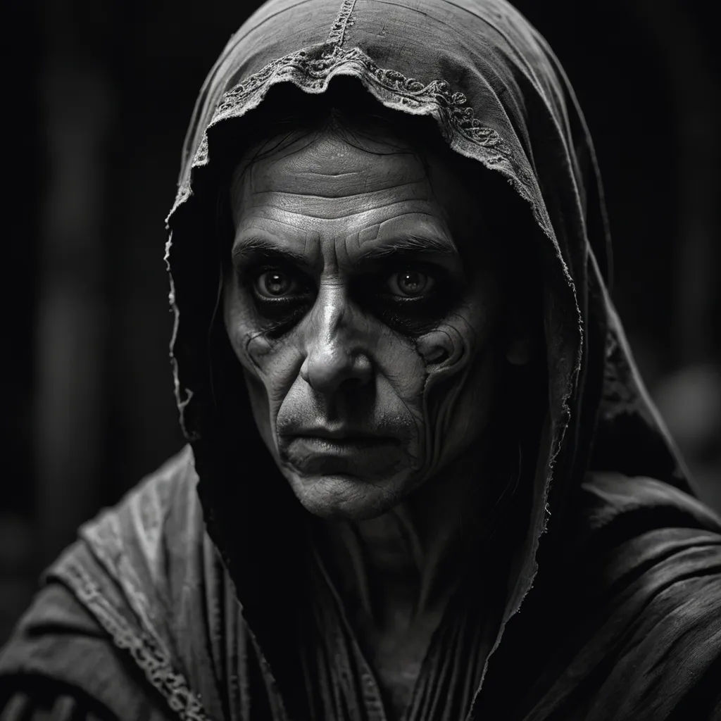 a woman with a hood on her head and a face painted like a demon in black and white,, antipodeans, a character portrait, Daryush Shokof, weta digital