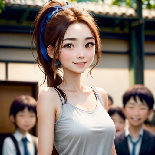 a young asian woman with a ponytail in front of a group of people wearing ties and dress clothes,