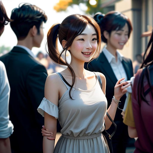 a group of asian women standing next to each other on a street corner with a man in the background