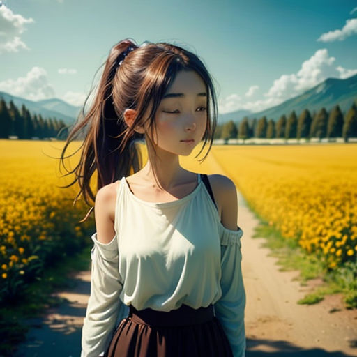 a woman standing in a field of flowers with her hair in the wind and a sun shining behind her