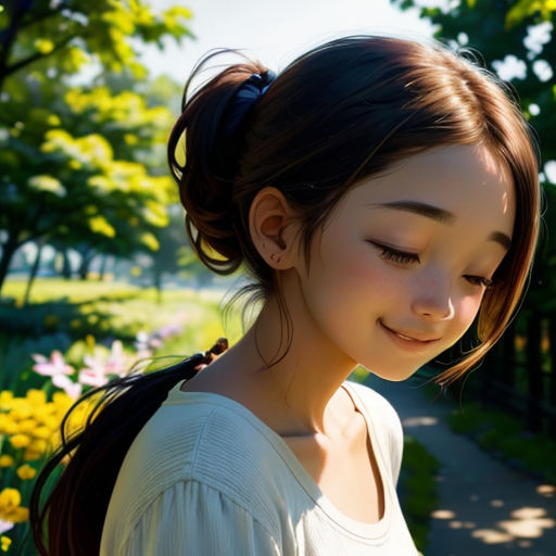 a girl with a ponytail is looking down at her cell phone in a park with flowers and trees in the background