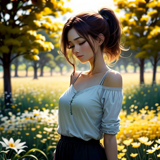 a woman standing in a field of flowers with her eyes closed and her hair in a bun in her hair