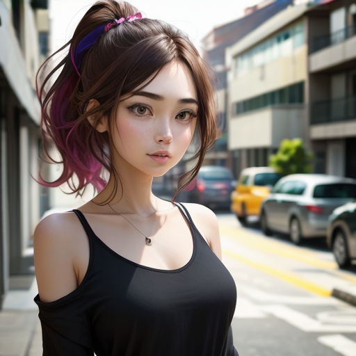 a woman with pink hair standing on a street corner with cars parked on the side of the road behind her