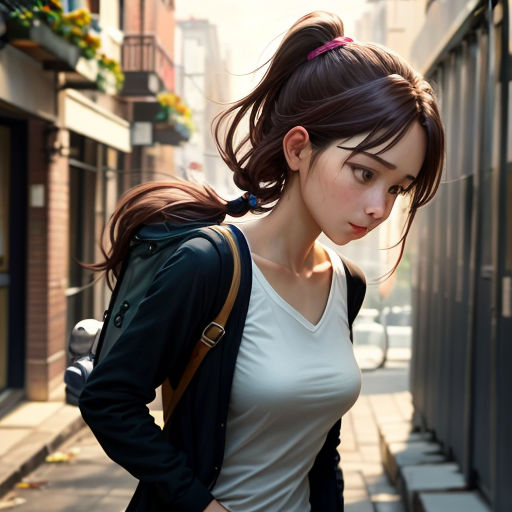 a woman with a backpack is walking down the street in the city, looking down at her phone and looking down