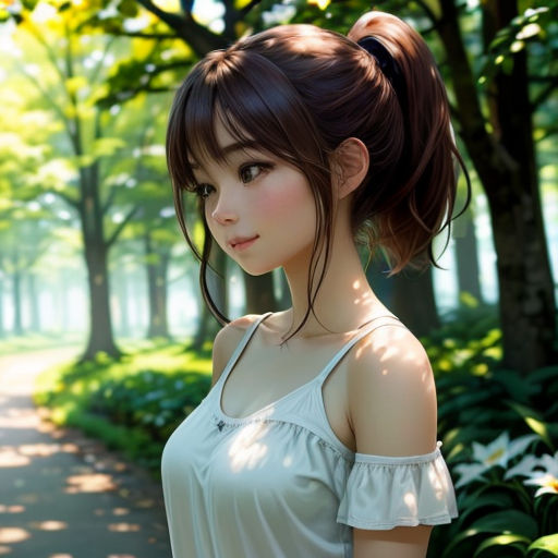 a woman with a ponytail standing in a forest with trees and flowers in the background, looking at the camera