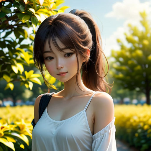 a woman with a ponytail standing in front of a tree and bushes with her eyes closed and her hair in a ponytail