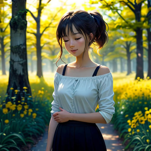 a woman standing in a field of flowers with her hands on her hips and her eyes closed, with a forest in the background