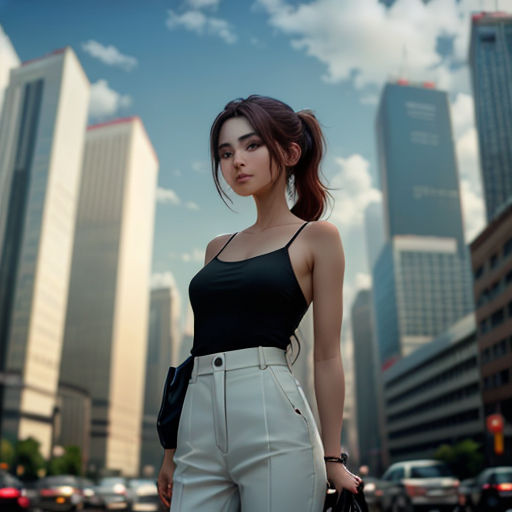 a woman standing in front of a city street with tall buildings in the background and a handbag in her other hand