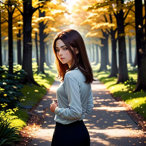 a woman standing on a path in the middle of a forest with trees and grass in the background, with the sun shining through the trees