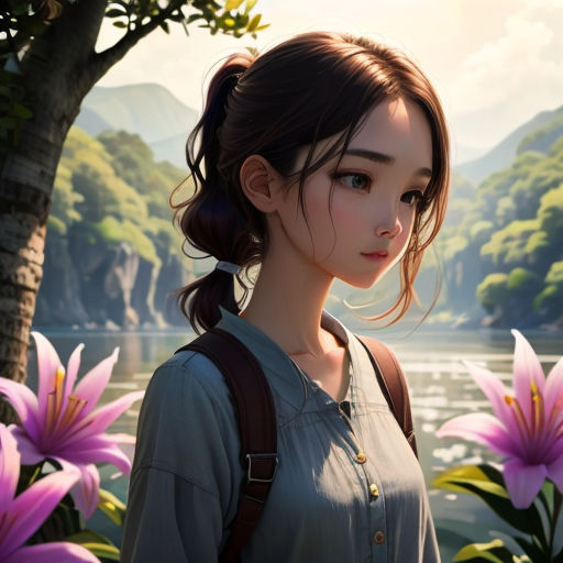 a woman standing in front of a lake with flowers in her hair and a backpack on her shoulder, looking at the camera