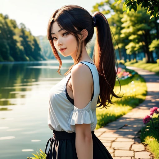 a woman with long hair standing next to a lake with a ponytail in her hair and a white top