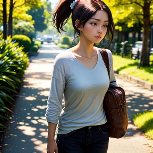 a woman walking down a sidewalk with a purse on her shoulder and a handbag on her shoulder,