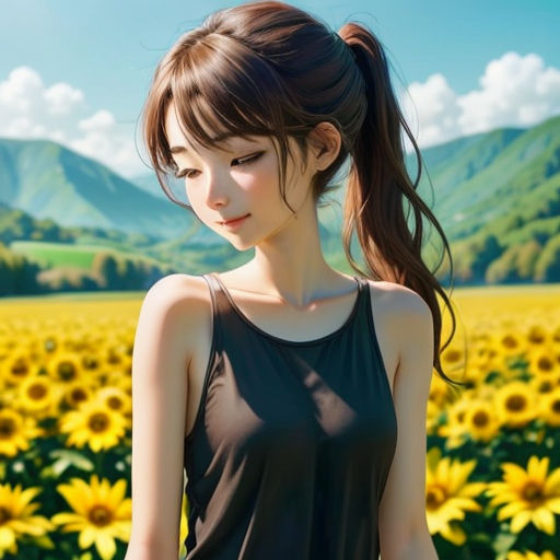 a woman standing in a field of sunflowers with a mountain in the background photo by a fan