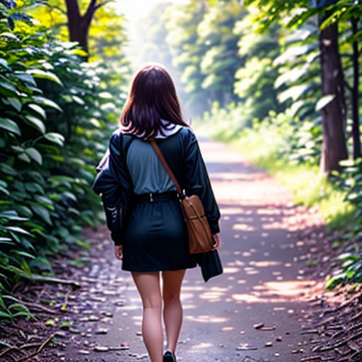 a woman walking down a path in the woods with a backpack on her back and a handbag on her shoulder