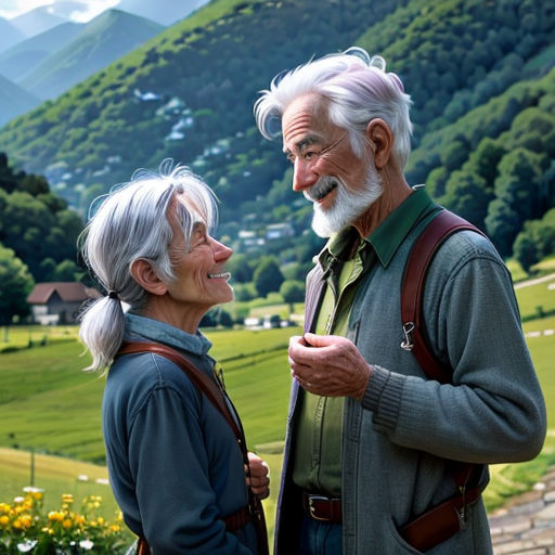 a man and woman standing next to each other in front of a mountain range with flowers and a valley in the background