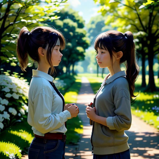 two asian women standing in a park talking to each other, with trees and flowers in the background,