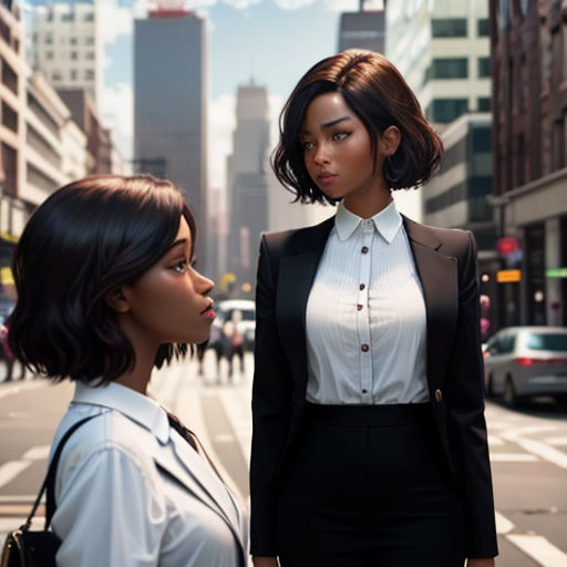 two women standing on a city street talking to each other, one of them is wearing a suit and the other is a white shirt