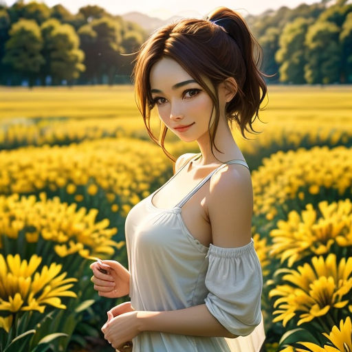 a woman standing in a field of sunflowers with her hands in her pockets and looking at the camera