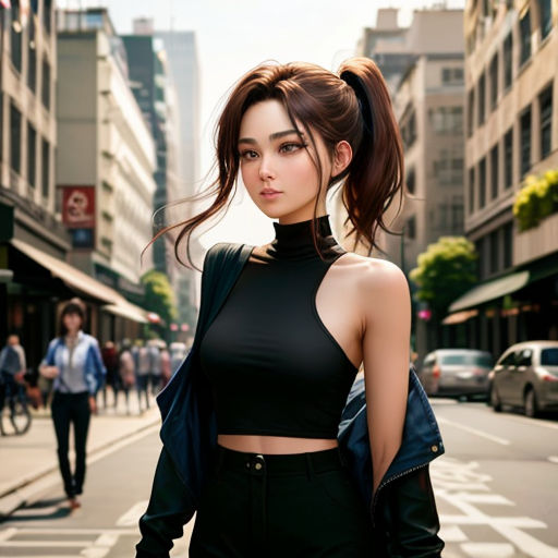a woman in a black top and black pants on a street with buildings in the background and a man walking down the street