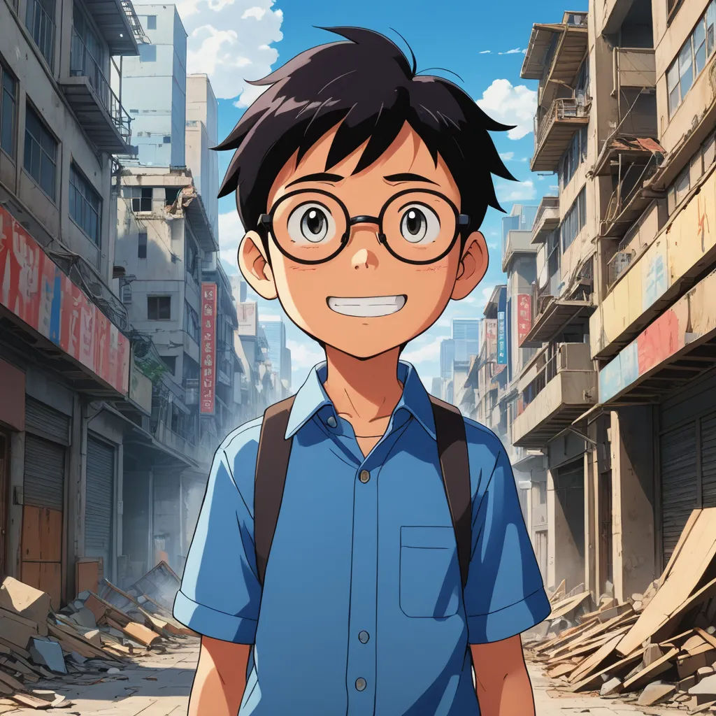 a man with glasses and a backpack standing in a street in front of a building with a sky background, hyperrealism, a character portrait, Adam Manyoki, yukito kishiro