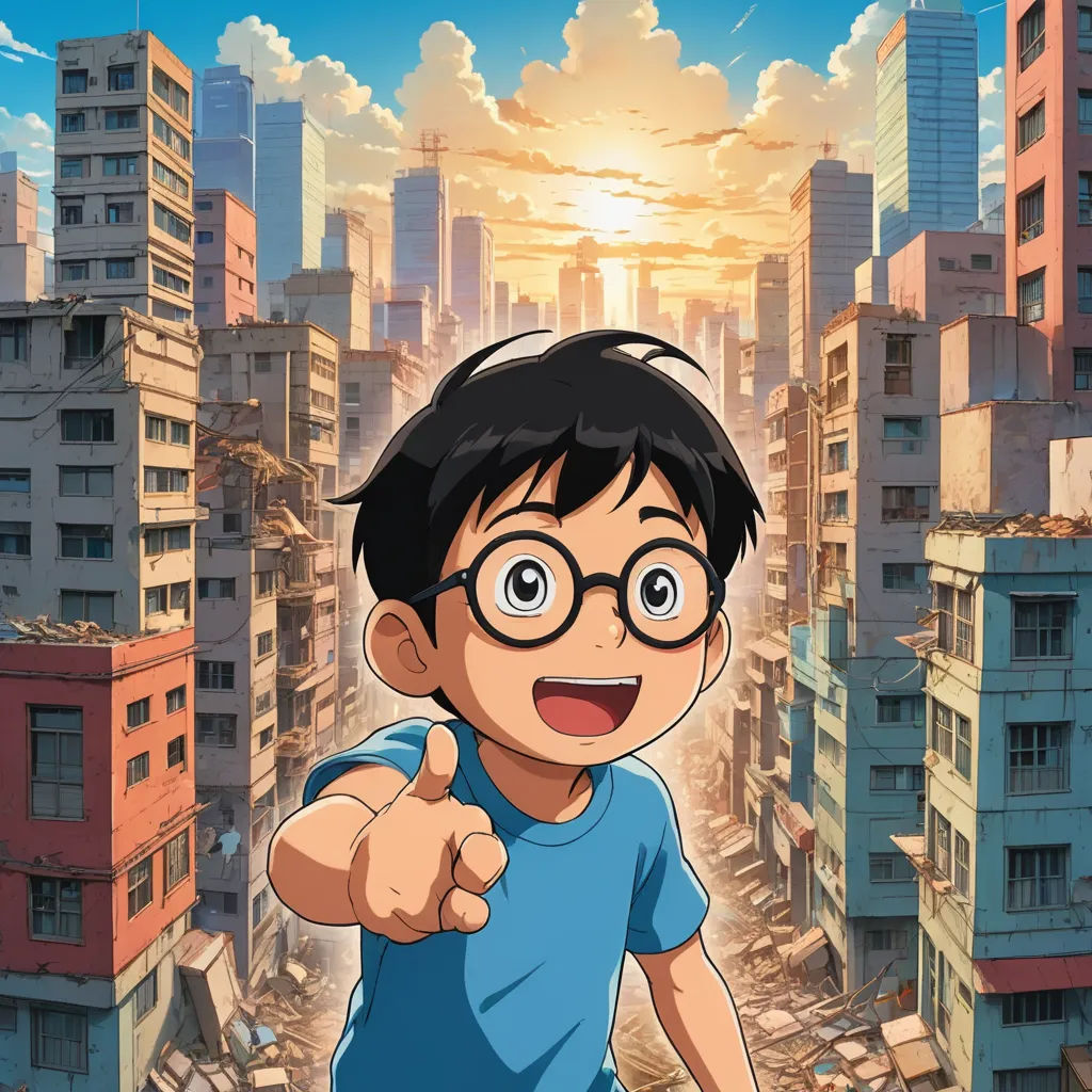 a boy with glasses giving a thumbs up in front of a cityscape with buildings and a sunset, dau-al-set, poster art, Basuki Abdullah, yukito kishiro