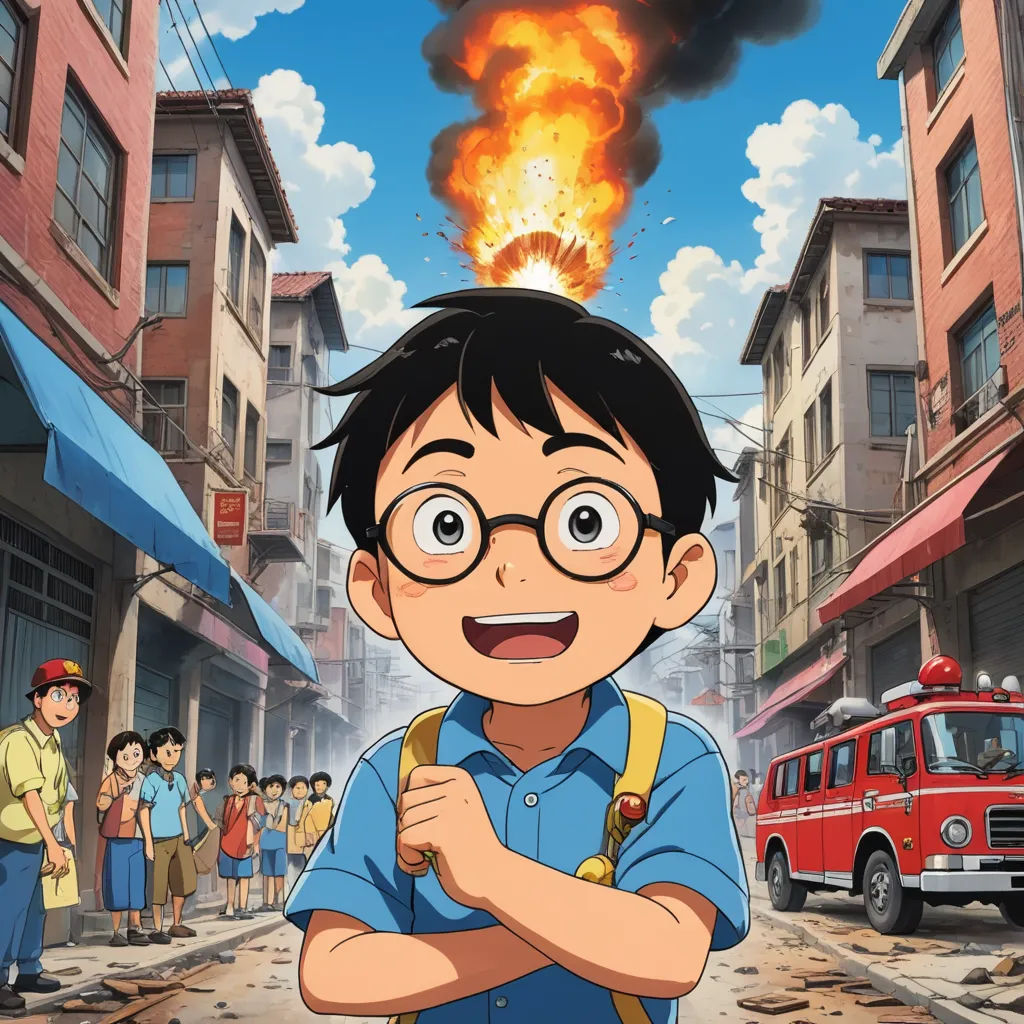 a boy with glasses and a backpack standing in front of a fire truck and a crowd of people in the background, serial art, a character portrait, Basuki Abdullah, anime key visual