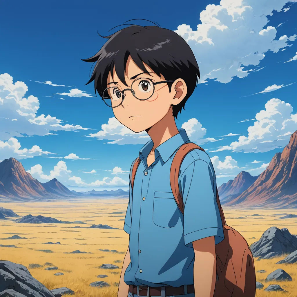 a man with glasses standing in a desert area with mountains in the background and a sky with clouds above, environmental art, a character portrait, Aguri Uchida, yukito kishiro