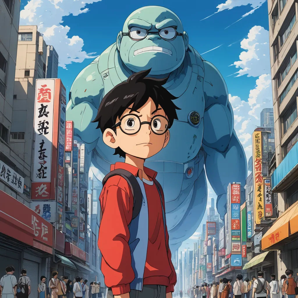 a man standing in front of a giant gorilla in a city with people walking around him and a giant gorilla in the background, ukiyo-e, poster art, An Gyeon, anime key visual