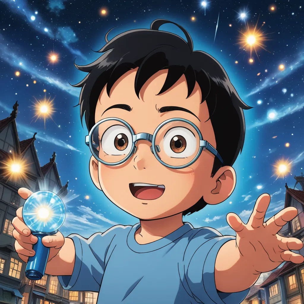 a boy with glasses holding a crystal ball in his hand and pointing at the sky with stars in the background, sots art, a character portrait, An Gyeon, yukito kishiro