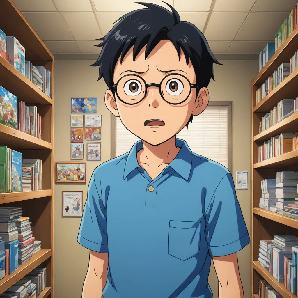 a man in a library with glasses on his face and a surprised look on his face, standing in front of a book shelf, sots art, a character portrait, Aguri Uchida, official art