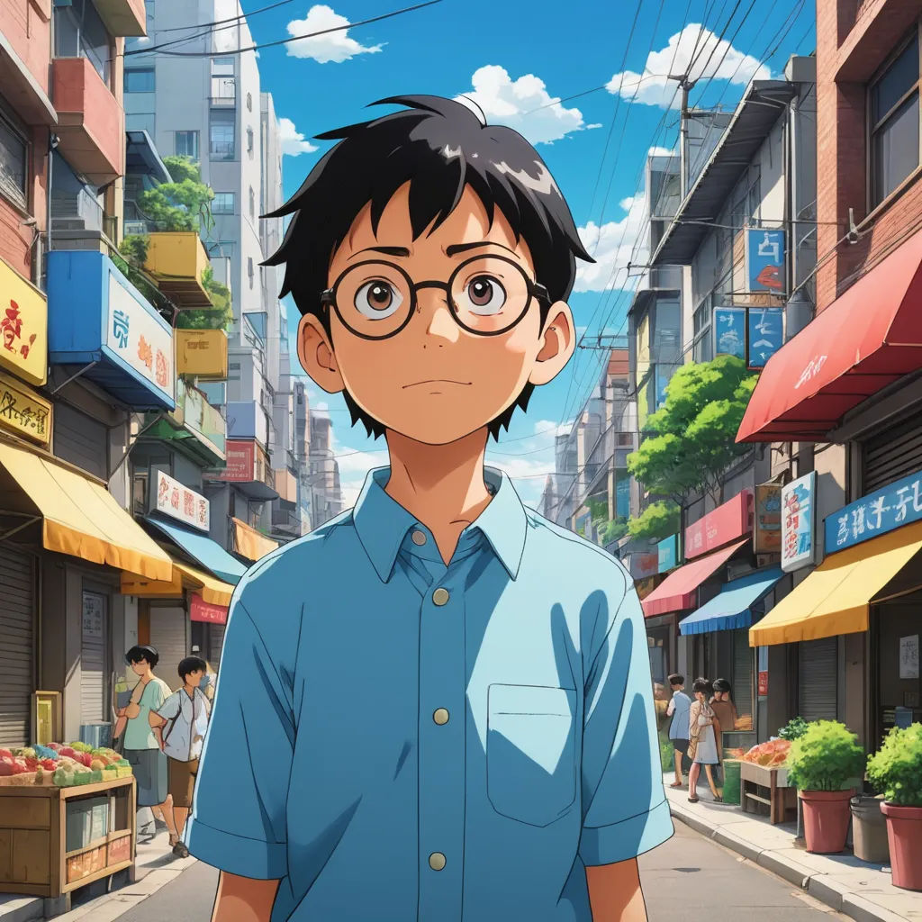a man with glasses standing in front of a street with buildings and people in the background and a sky with clouds, photorealism, a character portrait, Adam Manyoki, kyoto animation