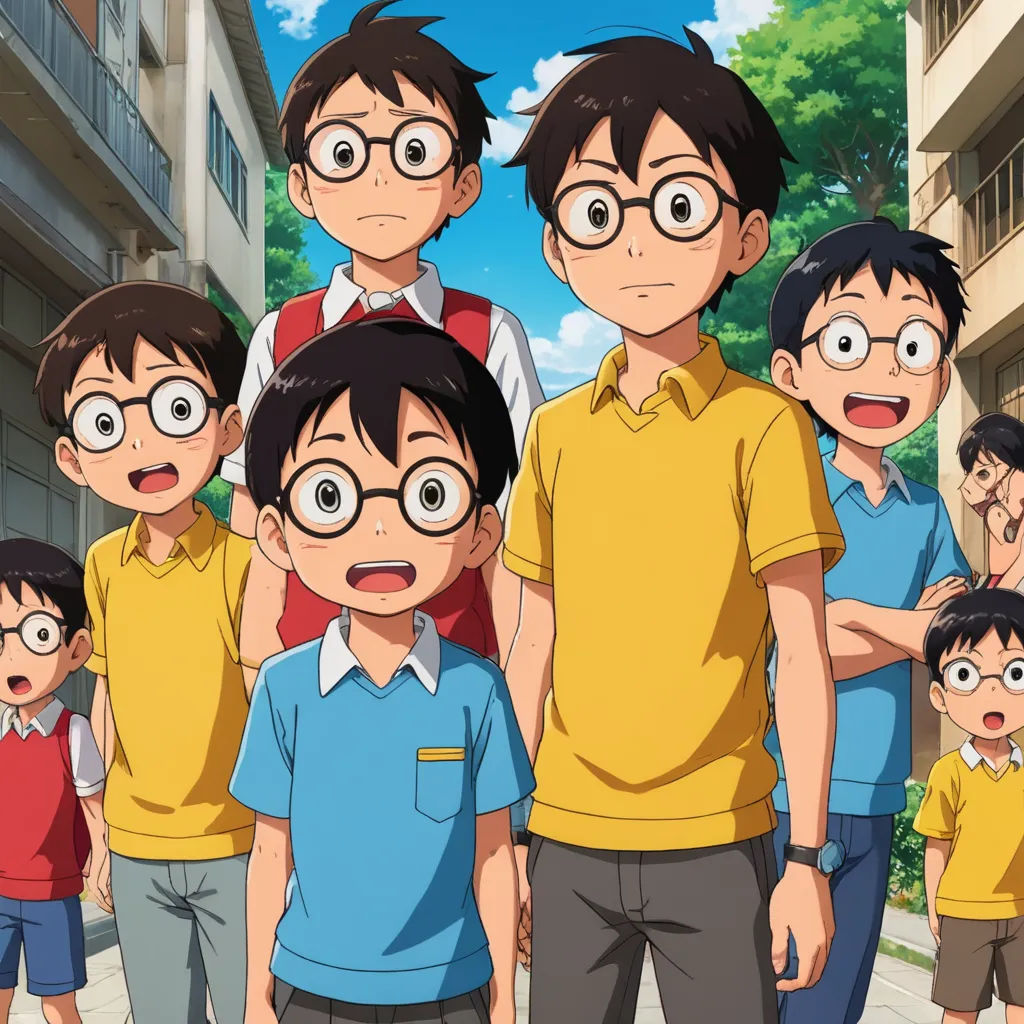 a group of young boys standing next to each other in front of a building with a surprised look on their faces, rayonism, a screenshot, Adam Manyoki, official art