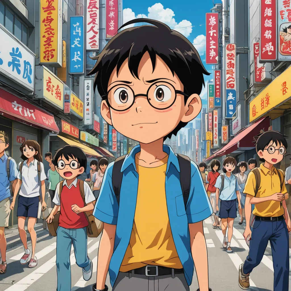 a boy with glasses standing in front of a crowd of people in a city street with buildings and signs, hyperrealism, a screenshot, An Gyeon, anime key visual