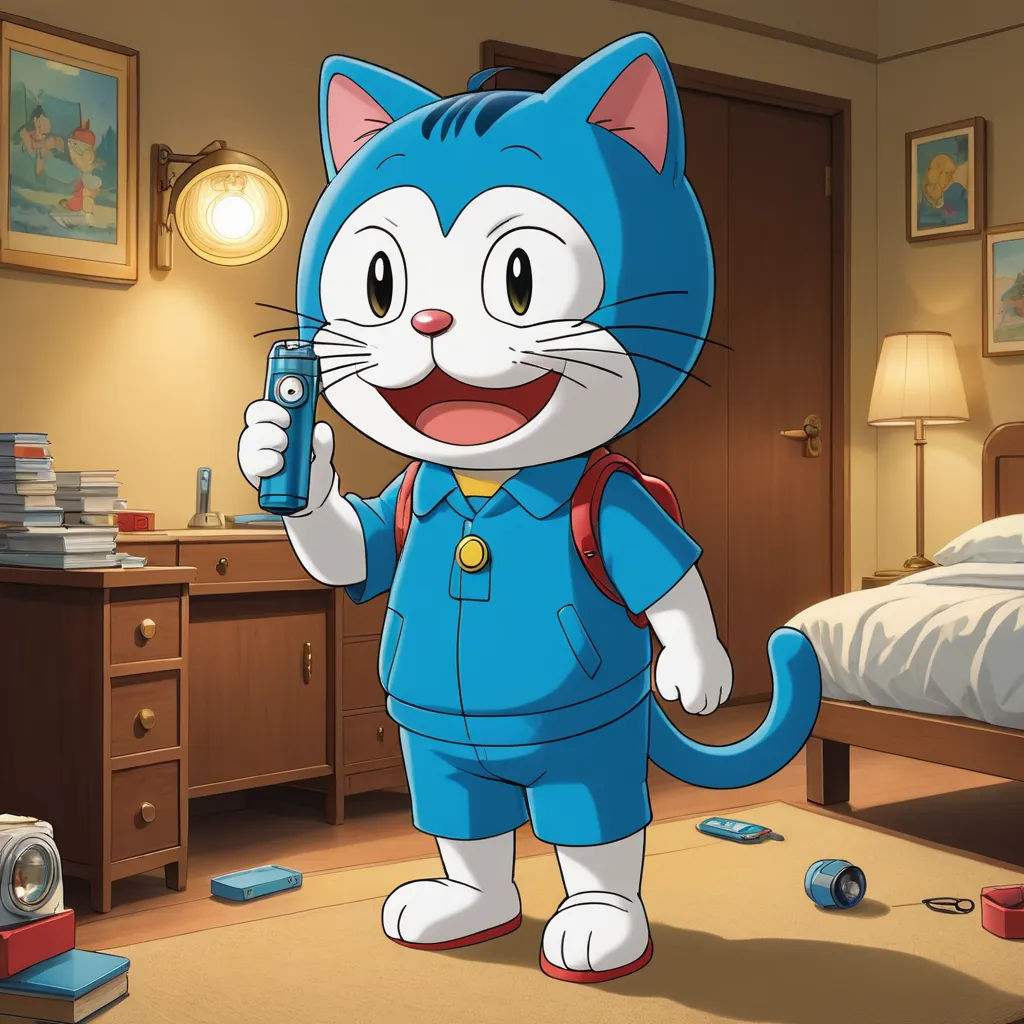 a cartoon cat holding a cell phone in a bedroom with a bed and dresser in the background and a lamp on the wall, furry art, a character portrait, Akira Toriyama, official art