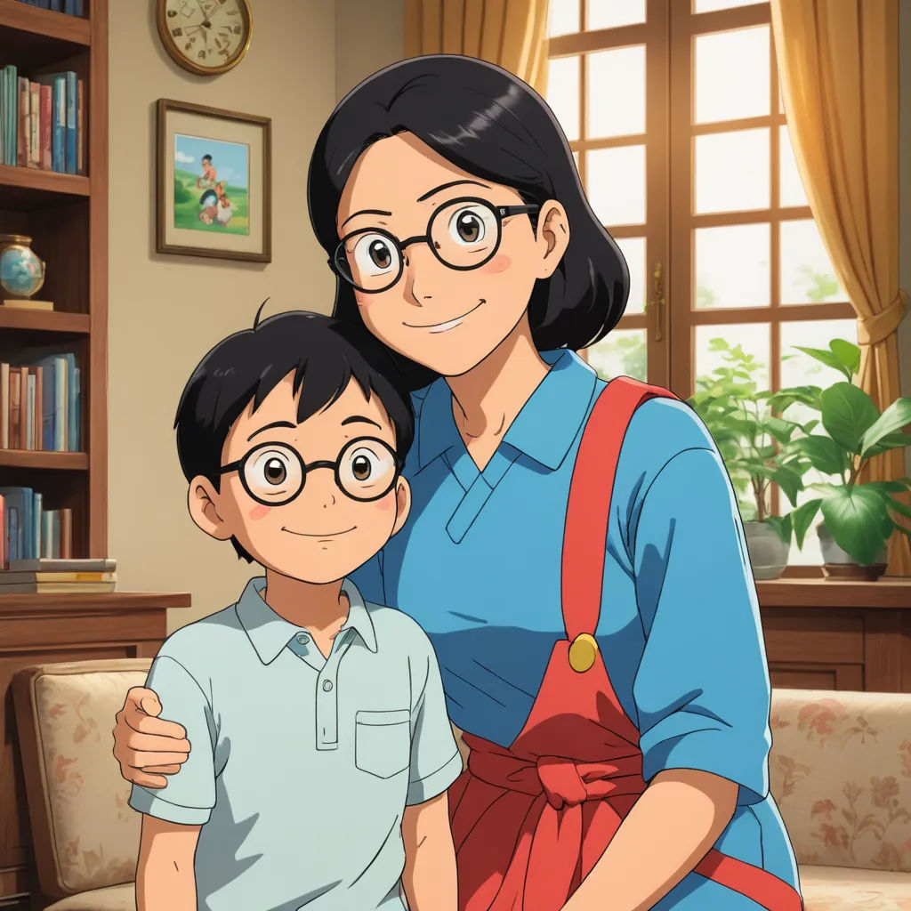 a woman and a boy standing in front of a window in a living room with a clock on the wall, ukiyo-e, a character portrait, Akira Toriyama, official art