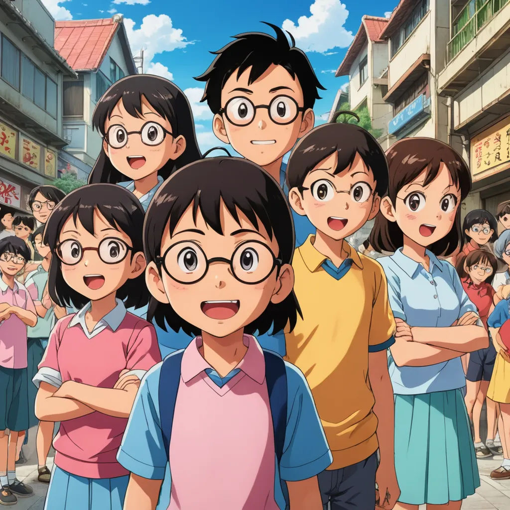 a group of children standing in front of a crowd of people in a city street with buildings and a sky background, rayonism, a detailed drawing, Aya Goda, official art
