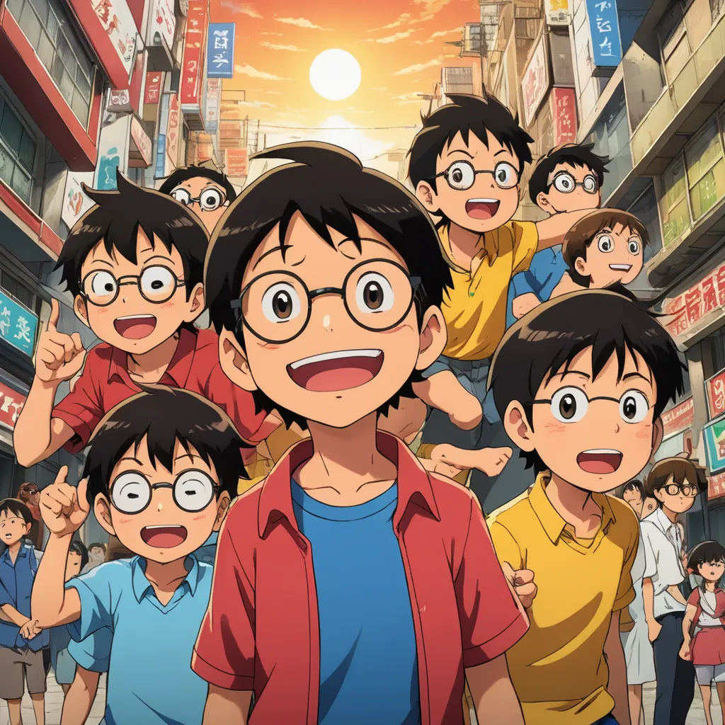 a group of young boys standing in front of a crowd of people in a city street with buildings and signs, rayonism, a screenshot, Baiōken Eishun, anime key visual