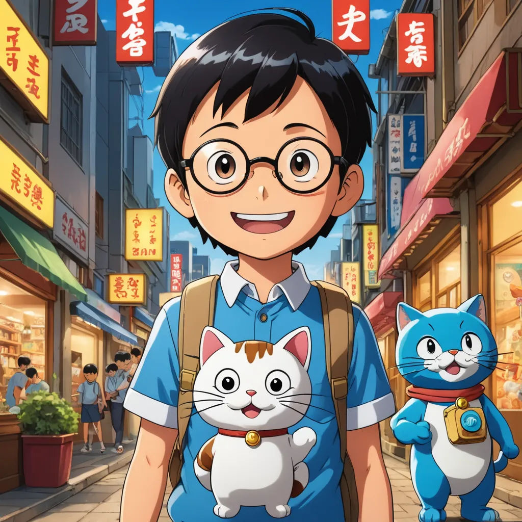 a man with glasses and a cat in front of him on a city street with buildings and signs in the background, sots art, a character portrait, Akira Toriyama, anime key visual