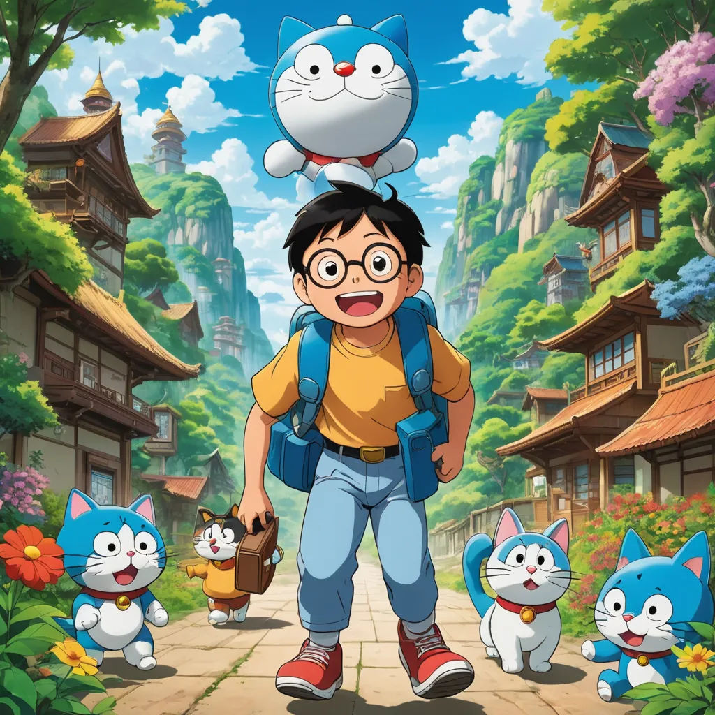 a boy with a backpack and a cat on his head standing in front of a village with cats and a cat, dau-al-set, poster art, Akira Toriyama, promotional image