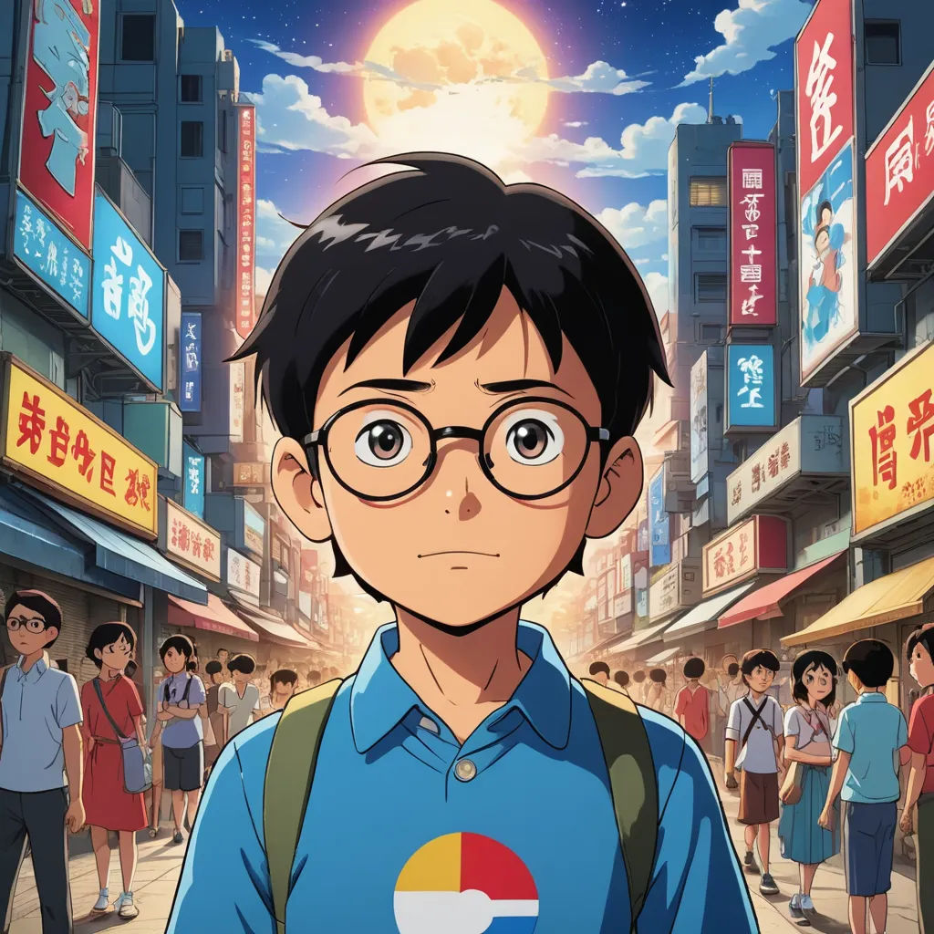 a young man with glasses standing in front of a crowd of people in a city with buildings and signs, magical realism, poster art, Adam Manyoki, yukito kishiro