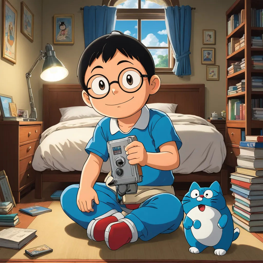 a boy sitting on the floor with a camera and a cat next to him in front of a bed, photorealism, a character portrait, Akira Toriyama, yukito kishiro