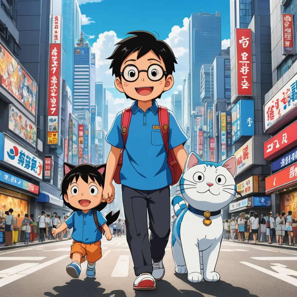 a man and a child walking down a street with a cat on his back and a cat on his arm, ukiyo-e, poster art, An Gyeon, anime key visual